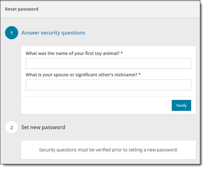 Reset password page, answer security questions.